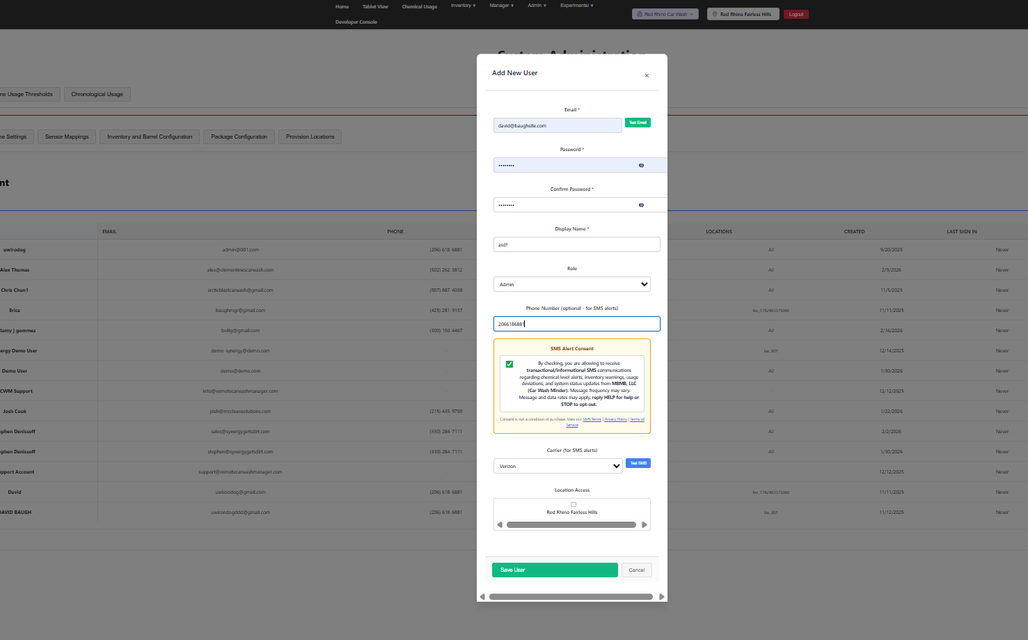 Screenshot of SMS consent checkbox in Car Wash Minder dashboard